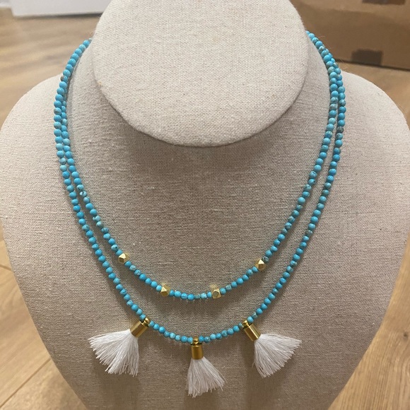 Turquoise beaded necklace with white tassels - Picture 1 of 2